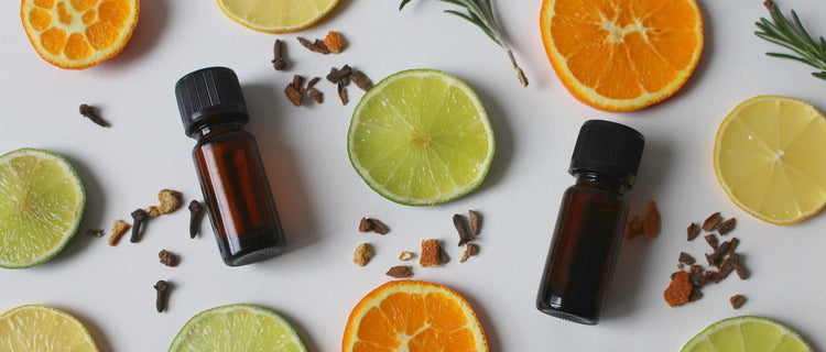 Two small brown bottles surrounded by sliced oranges, lemons, and rosemary leaves on a white background.