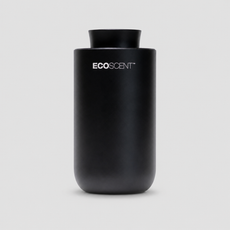 A matte black cylindrical EcoScent diffuser with a matching black cap, centered on a light gray background.