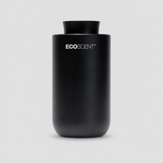 A matte black cylindrical EcoScent diffuser with a matching black cap, centered on a light gray background.