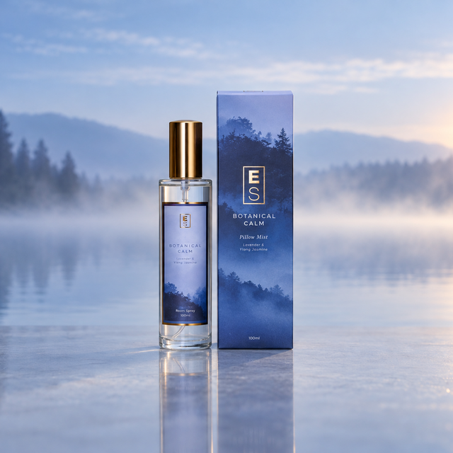 A clear glass room spray bottle with a gold cap stands beside its blue illustrated box on a reflective icy surface. The label and box read ES Botanical Calm, with a misty forest landscape and sunrise in the background.