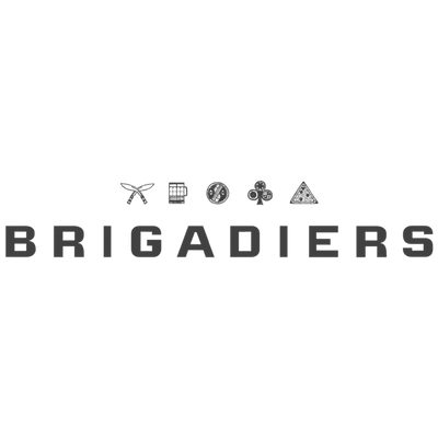 The word BRIGADIERS in bold, uppercase letters, with small icons of tongs, a grill, coins, and a pizza slice above the letters.