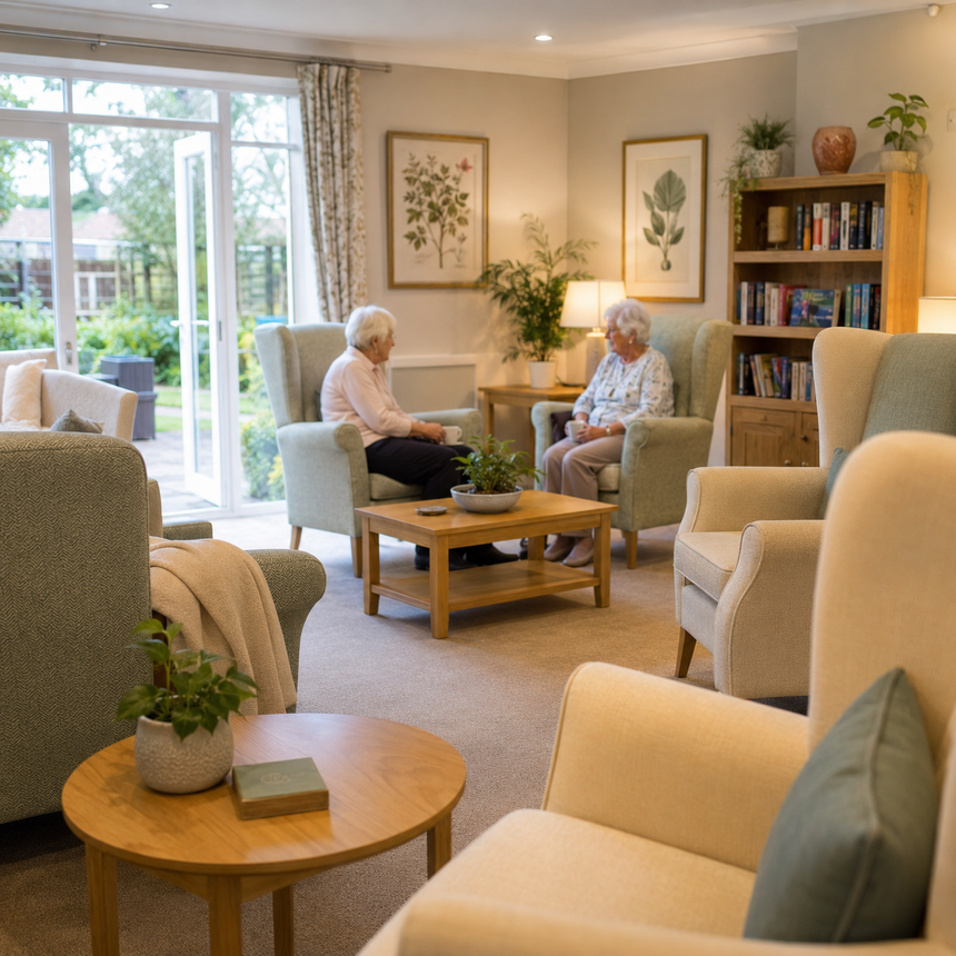 Two elderly women sitting in armchairs at a wooden coffee table in a bright living room with plants and bookshelves.