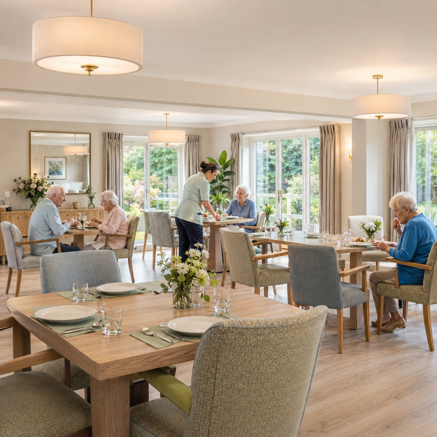 Dining area in a care home featuring several elderly residents at tables with plates and glasses, and a caregiver serving food, all surrounded by natural light from large windows.