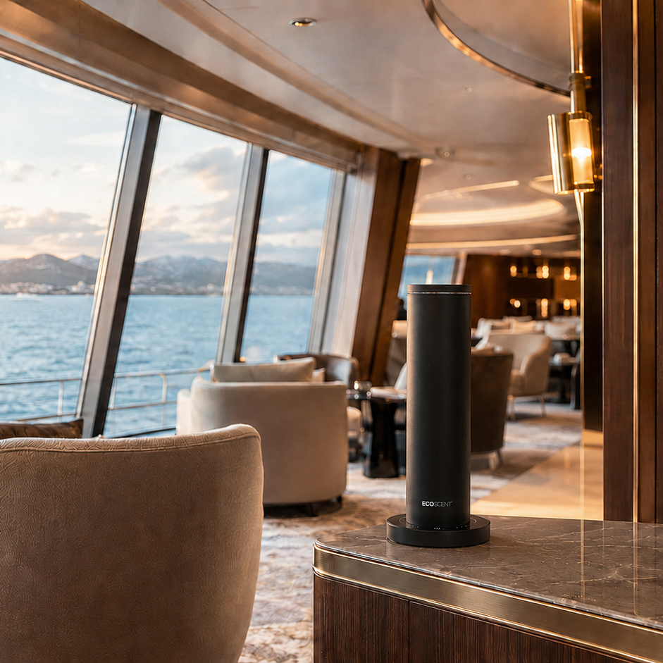 A sleek black cylindrical bluetooth barrel scent machine with a circular base sits on a polished marble-topped counter inside a luxurious yacht or marina lounge, with large windows showing a scenic water view.