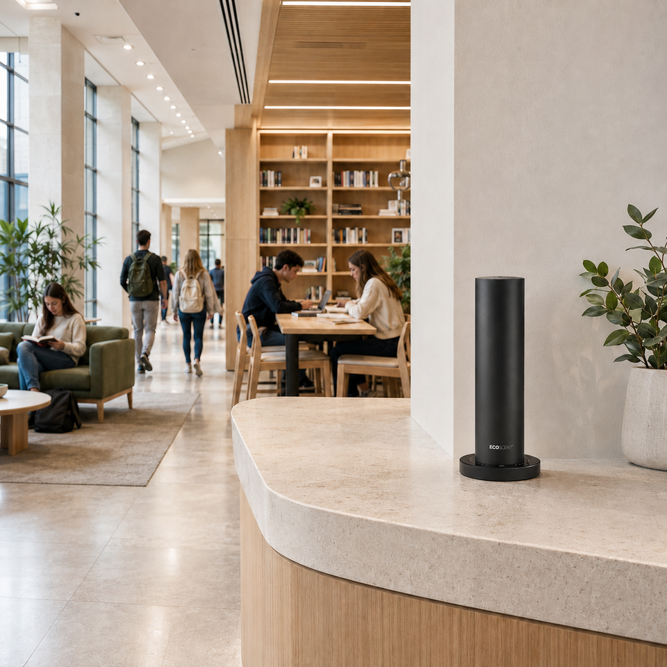 A black cylindrical scent machine on a curved countertop in a modern interior with large windows, bookshelves, and people sitting at tables studying or working.