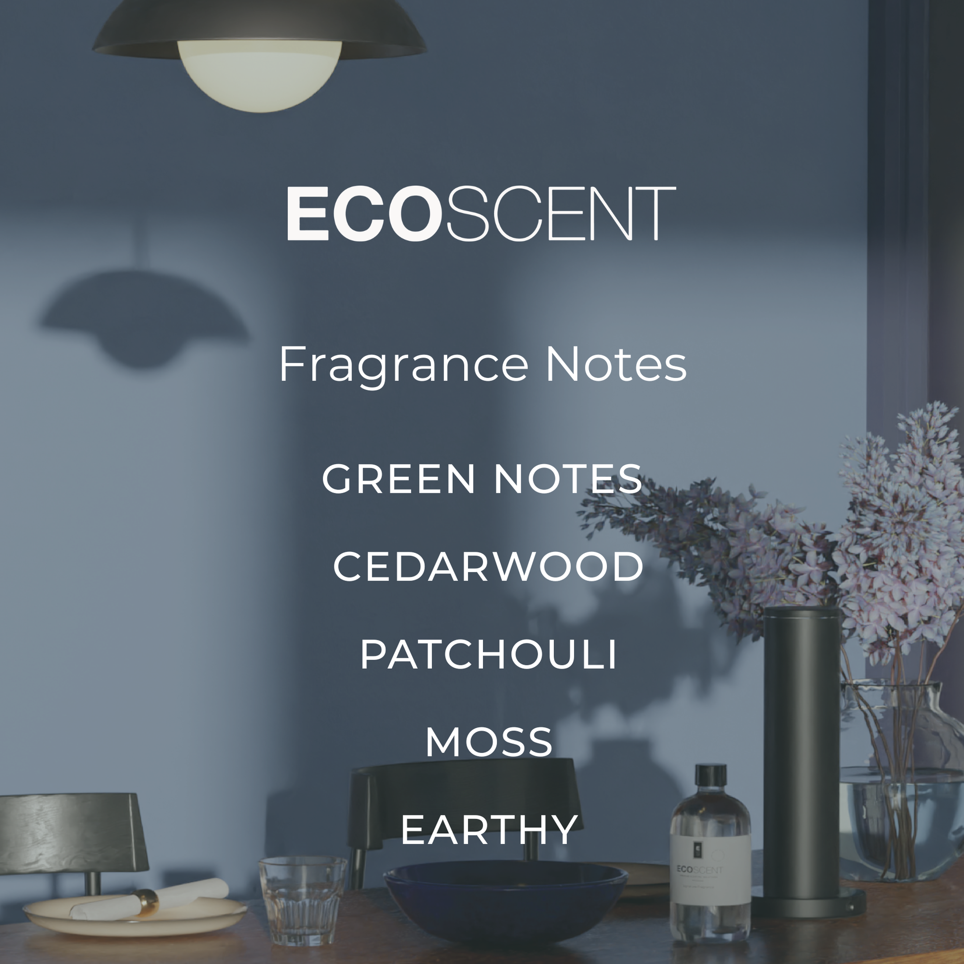 EcoScent enchanted garden fragrance notes displayed in a modern interior setting with decor elements.