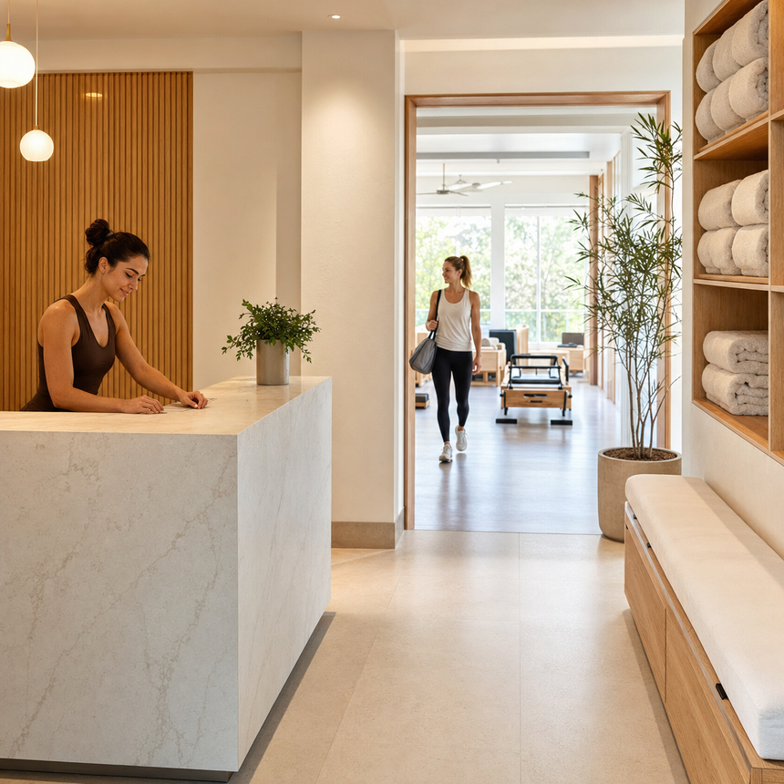 Reception area with a woman at a marble desk and another woman entering, wearing activewear, with rolled towels on shelves and a plant nearby.