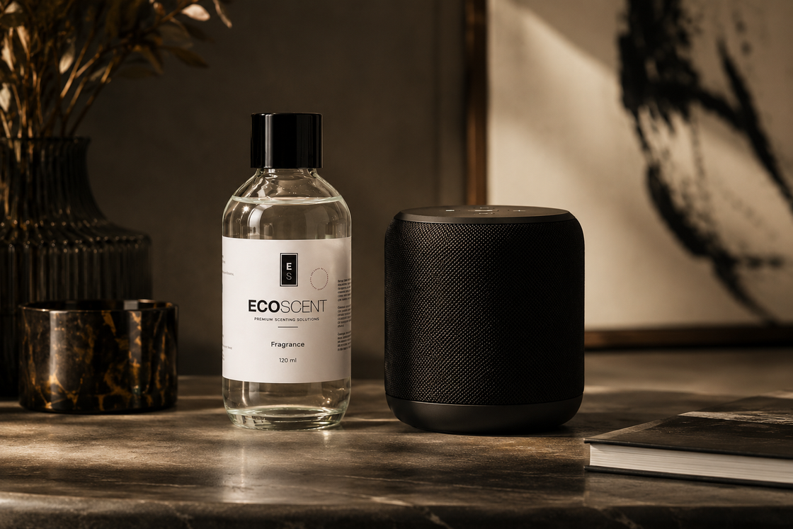 ECOSCENT fragrance bottle beside a black cylindrical speaker on a table.