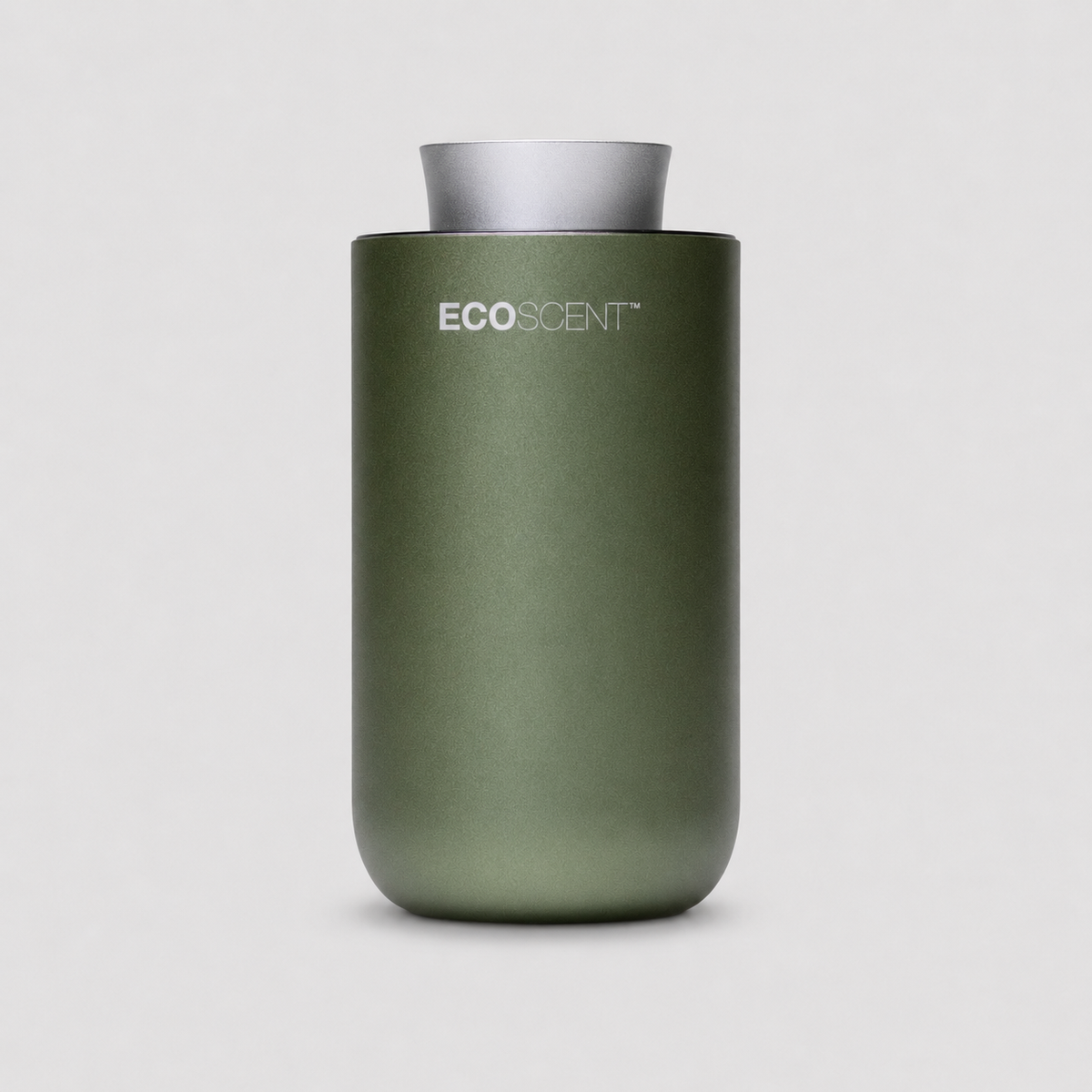 An EcoScent diffuser bottle in matte sage green with a silver metallic top cap, centered on a light gray background.
