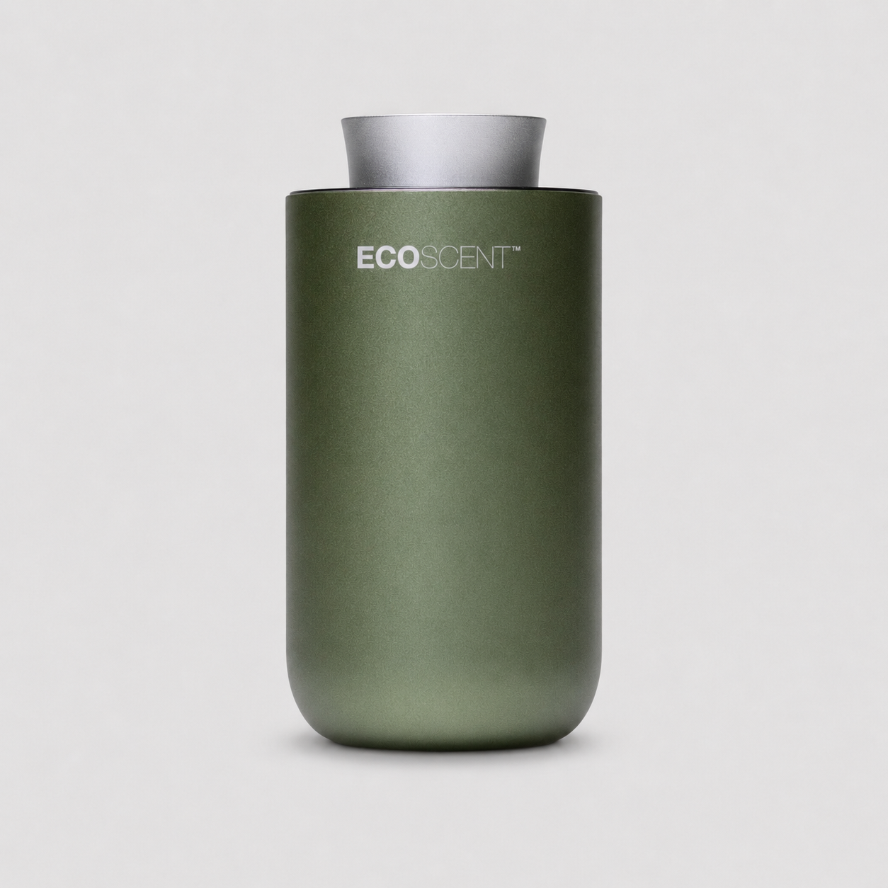 An EcoScent diffuser bottle in matte sage green with a silver metallic top cap, centered on a light gray background.