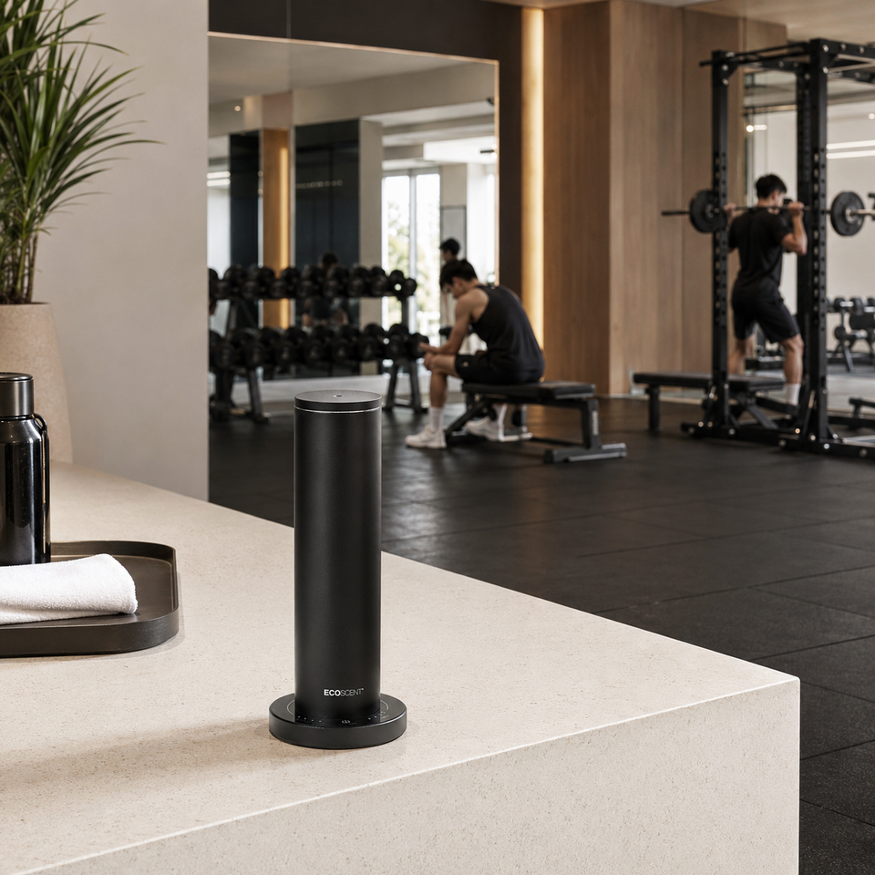 EcoScent Barrel scent machine displayed in a boutique gym, placed on a light-coloured countertop with a white towel and a dark bottle beside it.