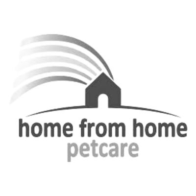 A grayscale logo for 'home from home petcare' featuring a stylized house with curved lines above it, on a plain white background.