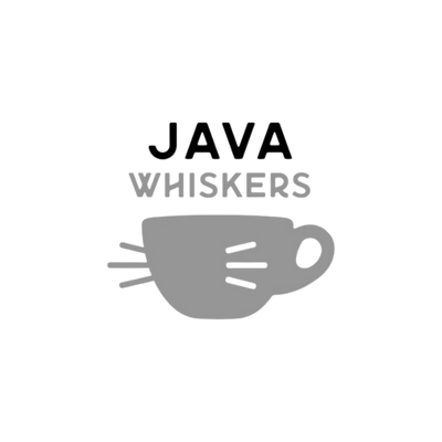 A minimalist logo featuring the text 'JAVA WHISKERS' above a gray cat-face coffee cup icon on a plain white background.