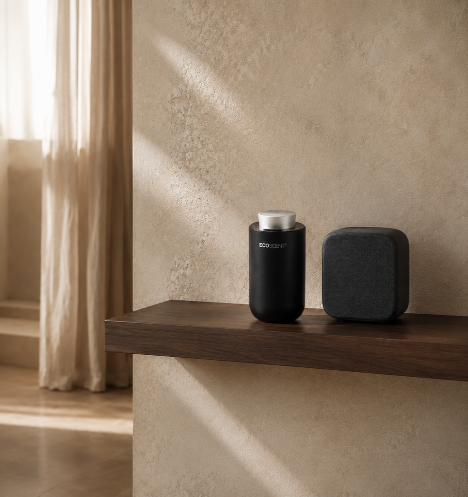 A black cylindrical EcoScent portable scent machine with a silver lid sits on a dark wood shelf next to a dark gray cube-shaped speaker, set against a textured beige wall with soft sunlight and curtains.