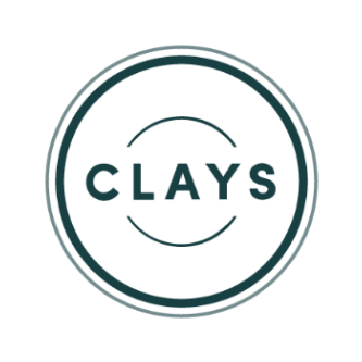 A circular logo with the word 'CLAYS' centered inside a thin double-ring circle on a white background.