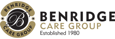 Benridge Care Group logo on a white background, featuring a circular emblem with a stylized 'B' and the words 'Benridge Care Group Established 1980' in black and gold text.
