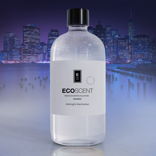 Bottle of Ecoscent product with a city skyline in the background