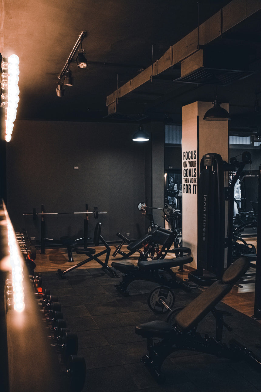 Atmospheric fitness studio with strength-training equipment