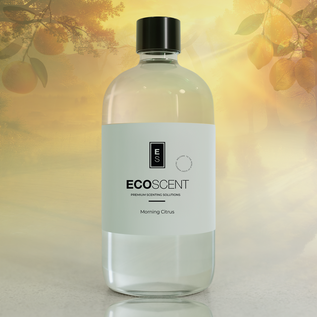 Bottle of Ecoscent product with a blurred background featuring oranges and leaves.