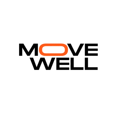 The logo for 'Move Well' featuring the words 'MOVE' and 'WELL' in bold black sans-serif font, with the letter 'O' in 'MOVE' replaced by a bright orange oval ring, all centered on a plain white background.