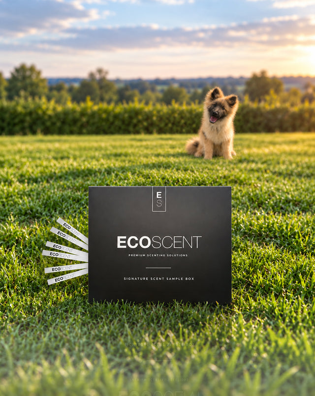 A small fluffy dog sits on bright green grass behind a black EcoScent sample box, with several sample tags fanned out to the left.