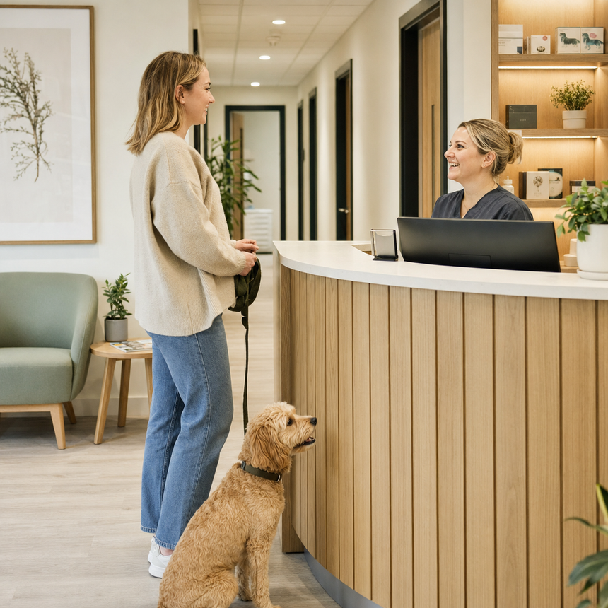 A woman stands at a reception desk in a modern clinic or cafe-like interior, holding a black leash with a small golden dog sitting beside her. A receptionist is seated behind the curved wooden counter, with shelves, plants, and a green chair visible in the background.