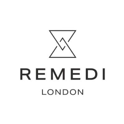 The logo for REMEDI LONDON, featuring a minimalist black geometric hourglass-like symbol above the brand name in a clean sans-serif font, set against a solid white background.