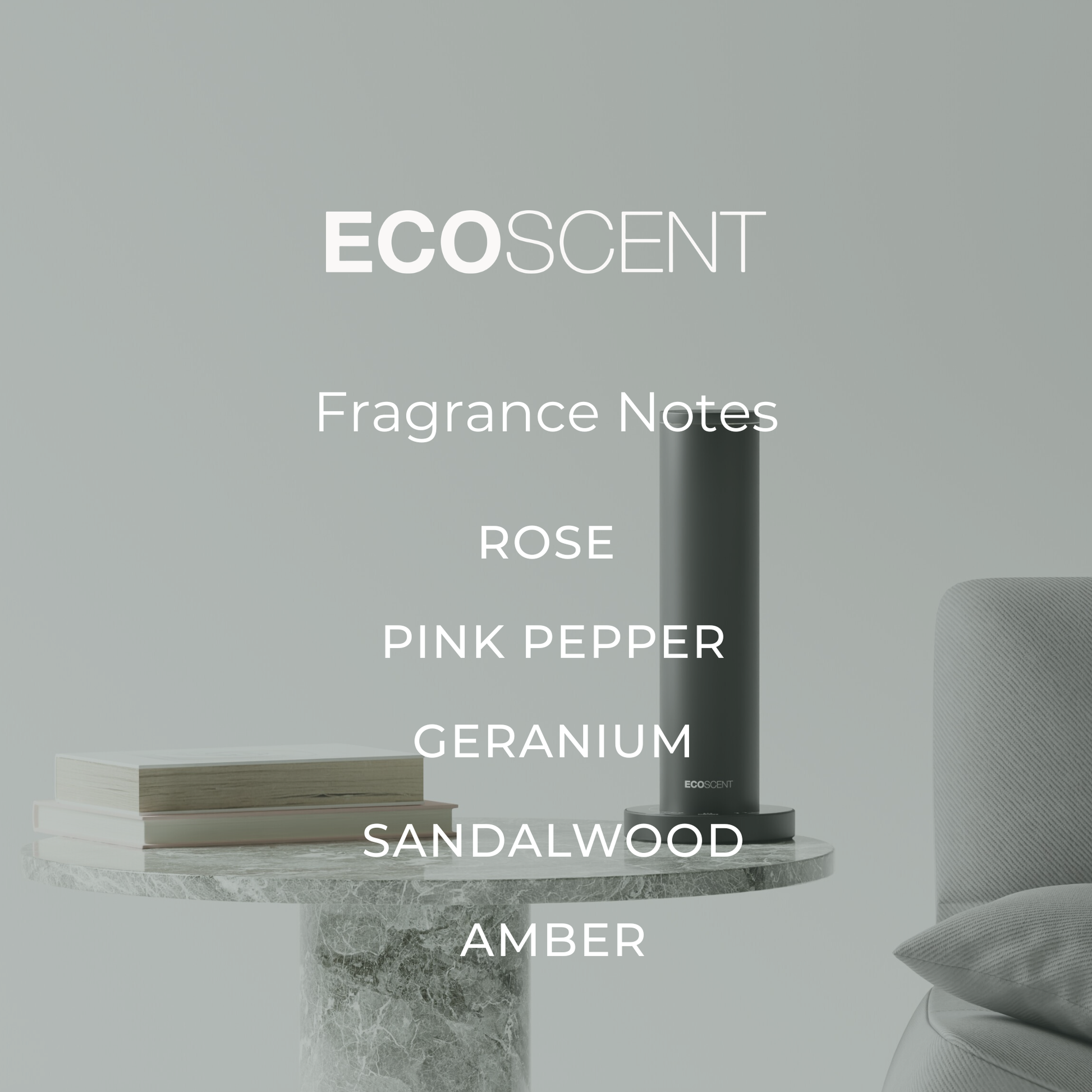 EcoScent fragrance notes displayed in a modern interior setting