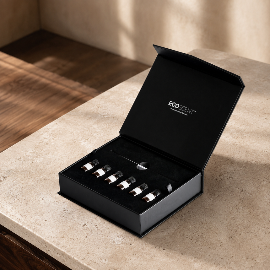 Black EcoScent gift box with six small glass bottles in a beige room.