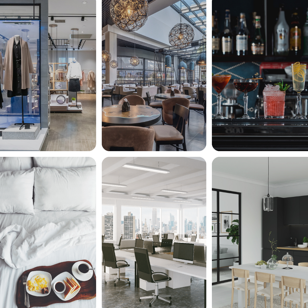 Six interior and lifestyle scenes: a clothing store, restaurant, bar, bed, office and dining room.