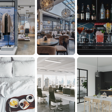 Six interior and lifestyle scenes: a clothing store, restaurant, bar, bed, office and dining room.