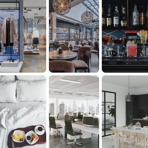 Six interior and lifestyle scenes: a clothing store, restaurant, bar, bed, office and dining room.