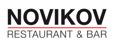 Novikov Restaurant & Bar logo with bold black text and a thin red horizontal line on a white background.