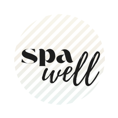 A circular graphic with the words 'spa well' in black lettering over a white background with faint diagonal pale stripes.