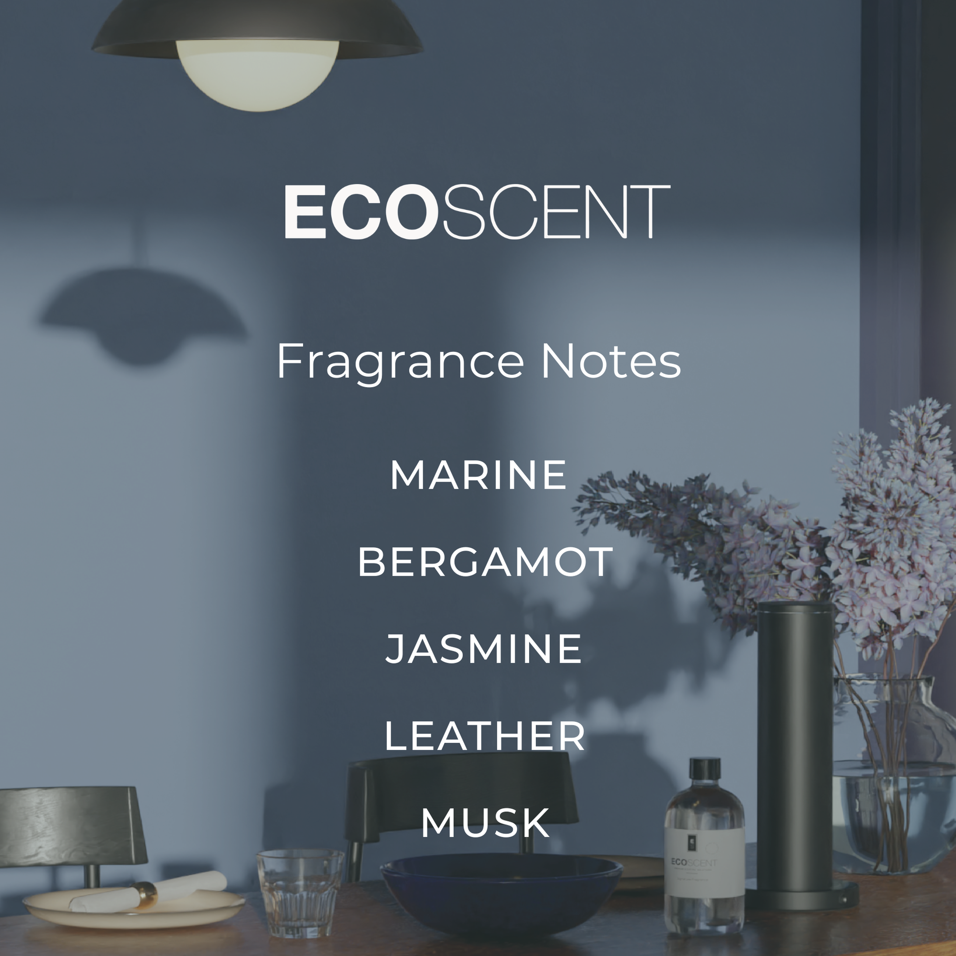 EcoScent fragrance notes displayed in a modern interior setting
