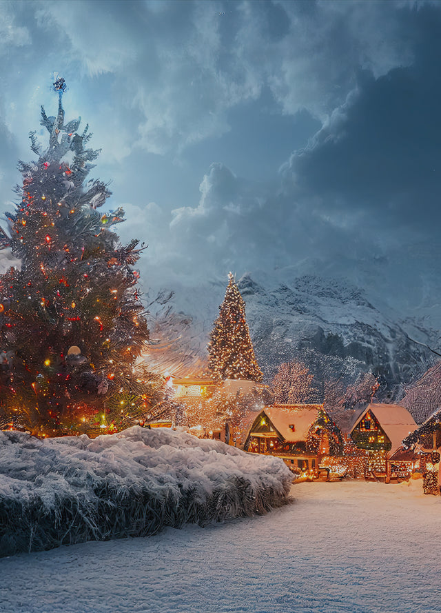 Ecoscent Christmas Signature Scents Samples with six 2ml bottles, each containing a unique holiday fragrance, showcased against a wintery landscape with snow-covered trees and charming cottages.