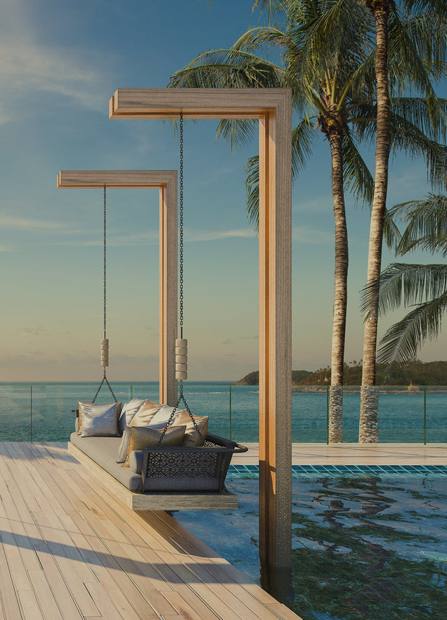 Ecoscent Ultimate Luxury Signature Scents Samples in six 2ml vials, featuring a variety of fragrance options, packaged for easy sampling. The image displays an inviting outdoor setting with a hanging sofa by the water.
