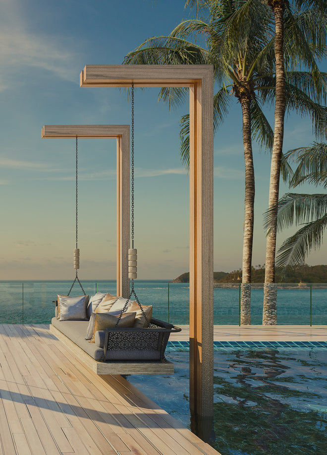 Ecoscent Ultimate Luxury Signature Scents Samples in six 2ml vials, featuring a variety of fragrance options, packaged for easy sampling. The image displays an inviting outdoor setting with a hanging sofa by the water.